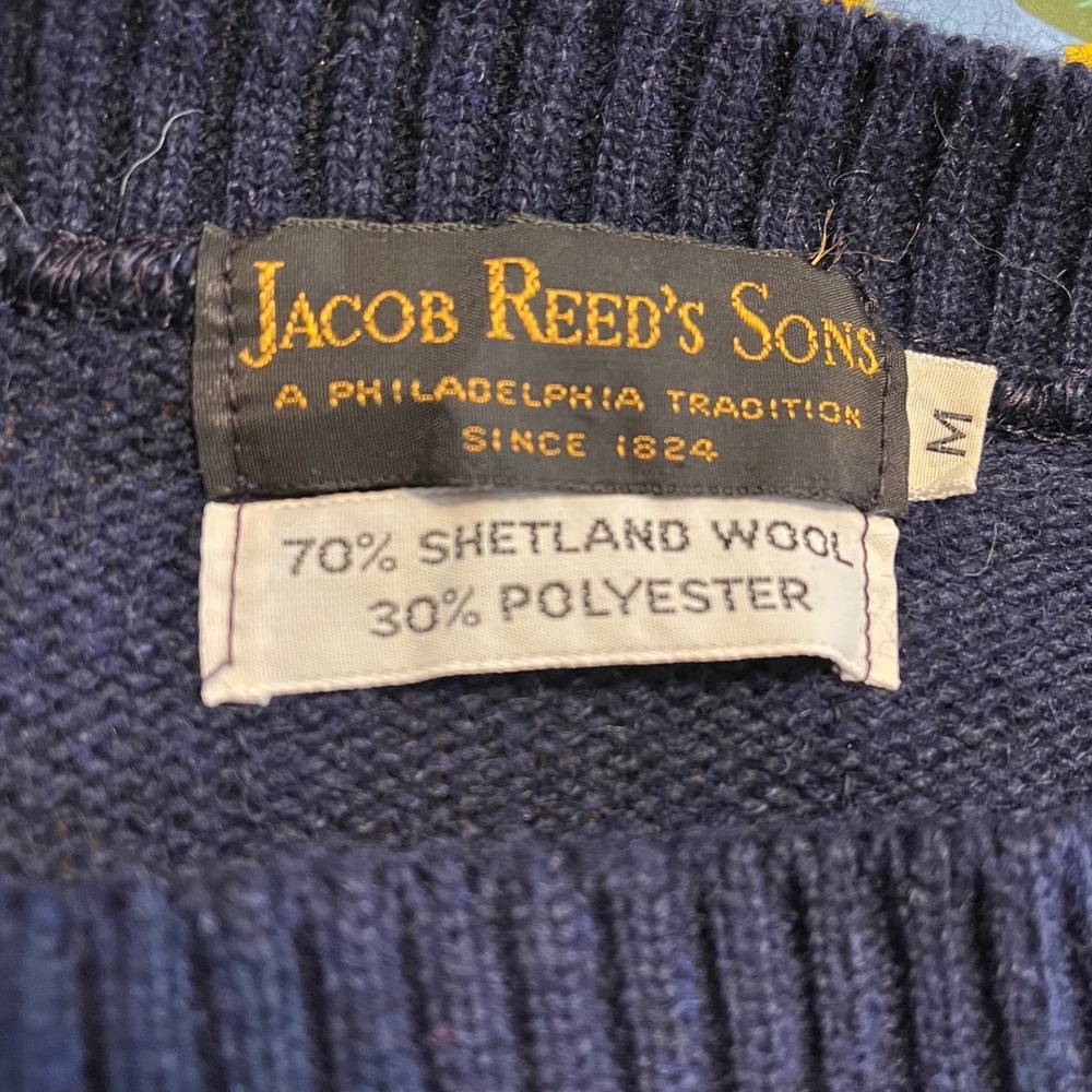 Vintage Shetland Wool Blend Knit Sweater Blue Pullover Jacob Reed's Sons - Picture 3 of 8